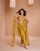 Exclusive handwork on viscose nylon Dhoti style yellow dress with floral shrug| unique dress indian wear